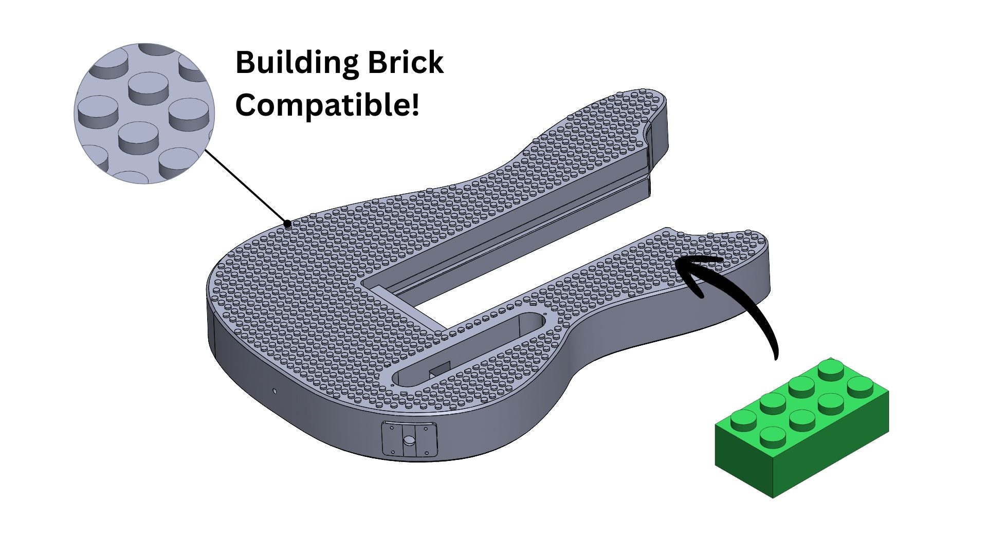 Modular 3D printed Mustang-Style guitar digital files STL and 3mf with lego compatible building brick pattern