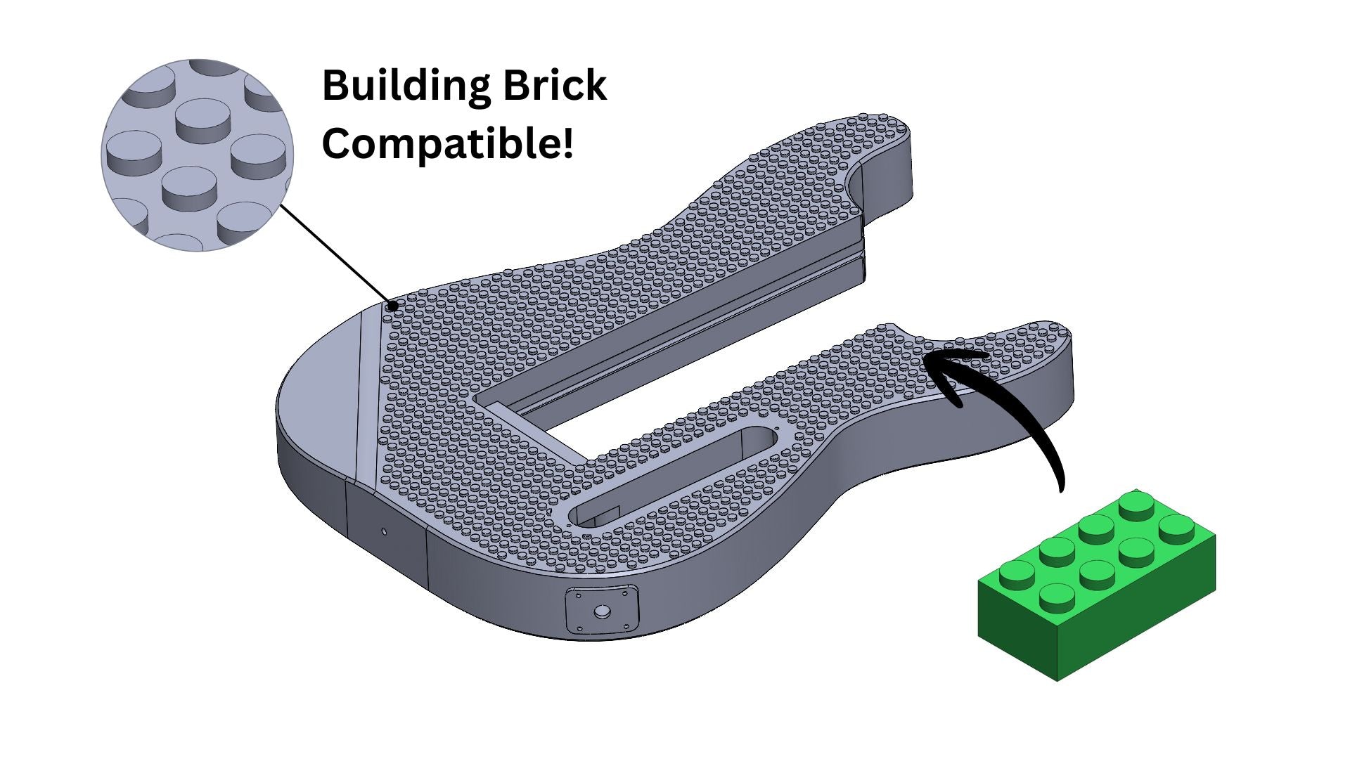 Modular 3D printed Strat-Style guitar files STL and 3mf with lego compatible building block pattern