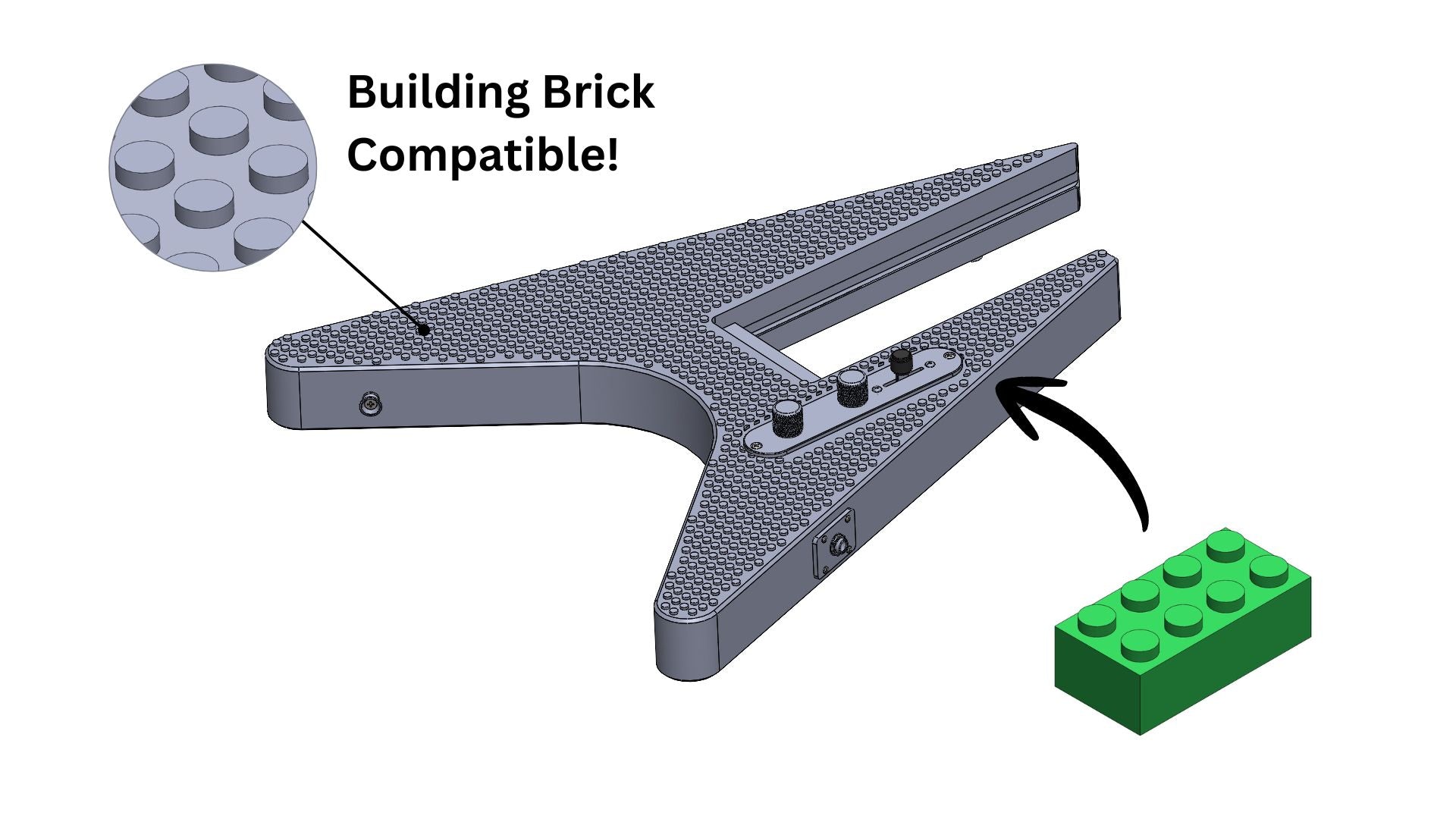Modular 3D printed Flying-V-Style guitar kit with lego compatible building brick pattern