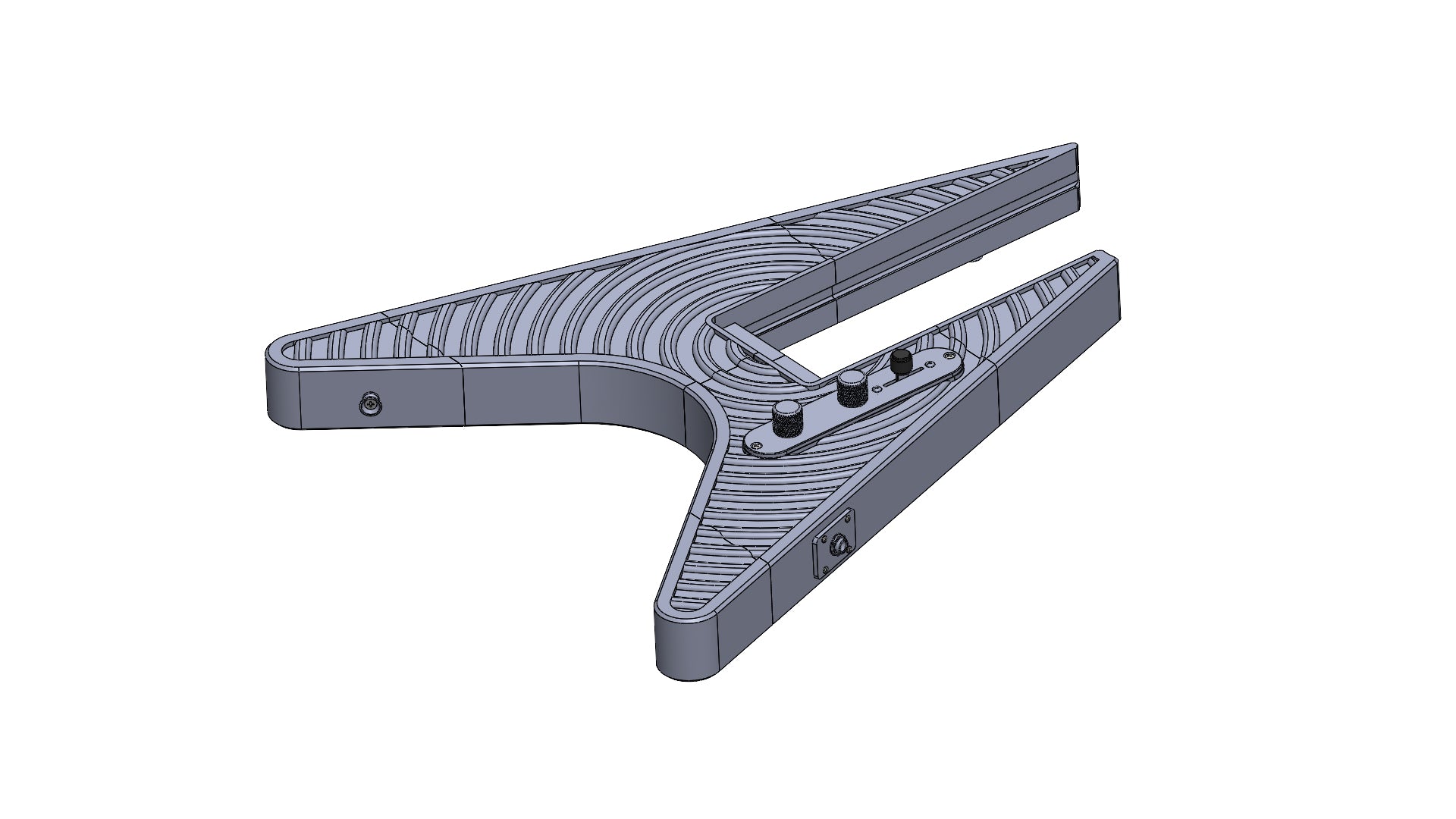 Modular 3D printed Flying-V-Style guitar kit with epicenter pattern