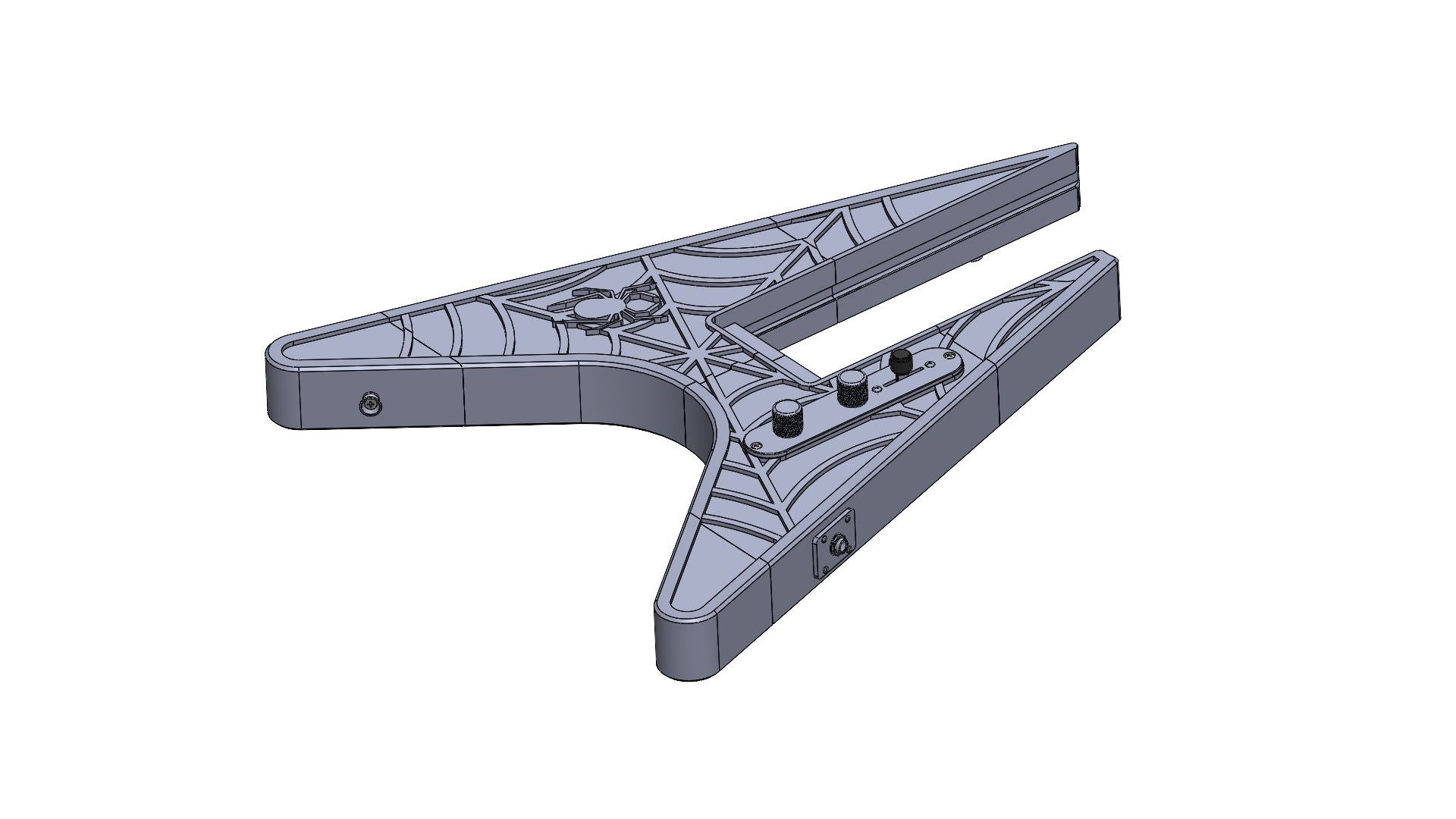 Modular 3D printed Flying-V-Style guitar kit with spider web pattern